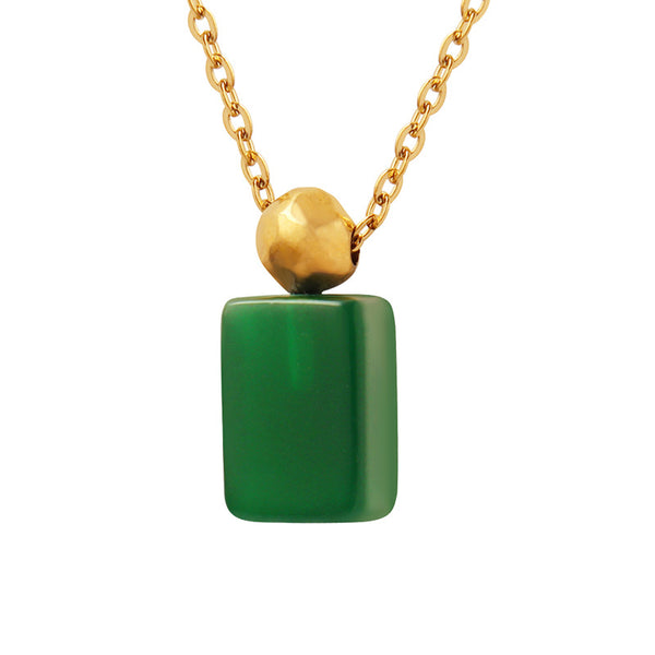 Neutral style retro design sense personalized fashion emerald glass pendant necklace non-fading titanium steel gold-plated jewelry