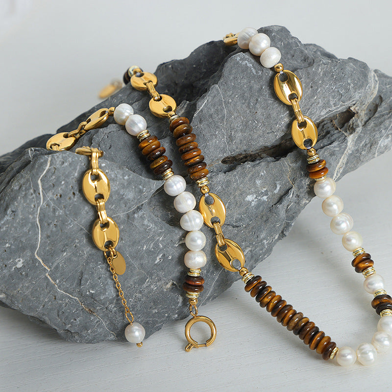 Versatile light luxury titanium steel freshwater pearl tiger's eye stone pig's nose chain necklace bracelet set jewelry women