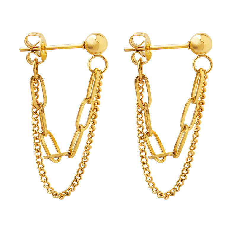 Trendy non-fading fringed double-layer chain earrings titanium steel gold-plated studs wholesale F317