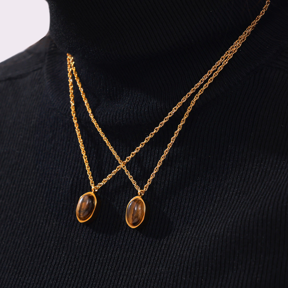 Vintage niche design sense geometric jewelry cold wind temperament tiger's eye stone Maillard wind titanium steel necklace