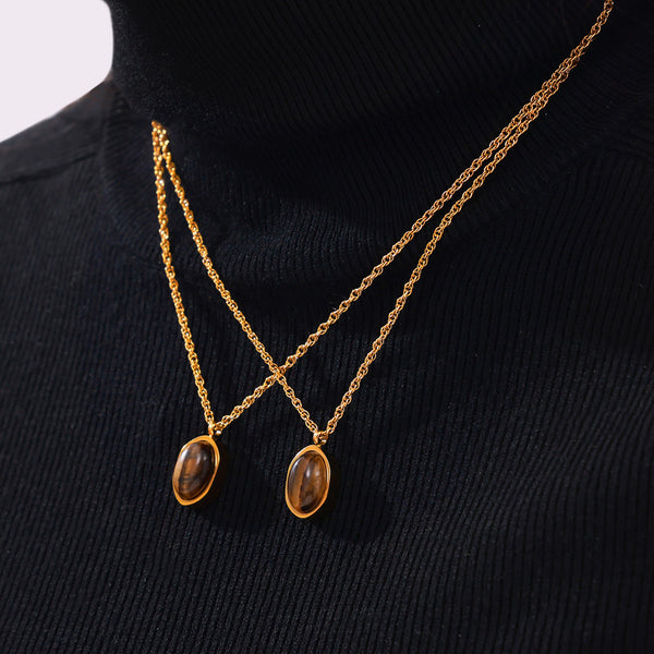 Vintage niche design sense geometric jewelry cold wind temperament tiger's eye stone Maillard wind titanium steel necklace