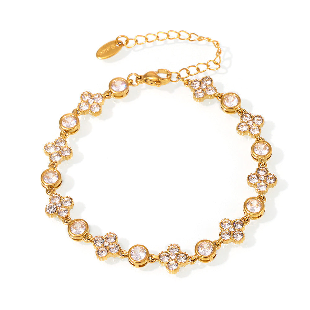 Stainless steel plum blossom round diamond hand-assembled zircon bracelet women's plated 18k real gold spot supply