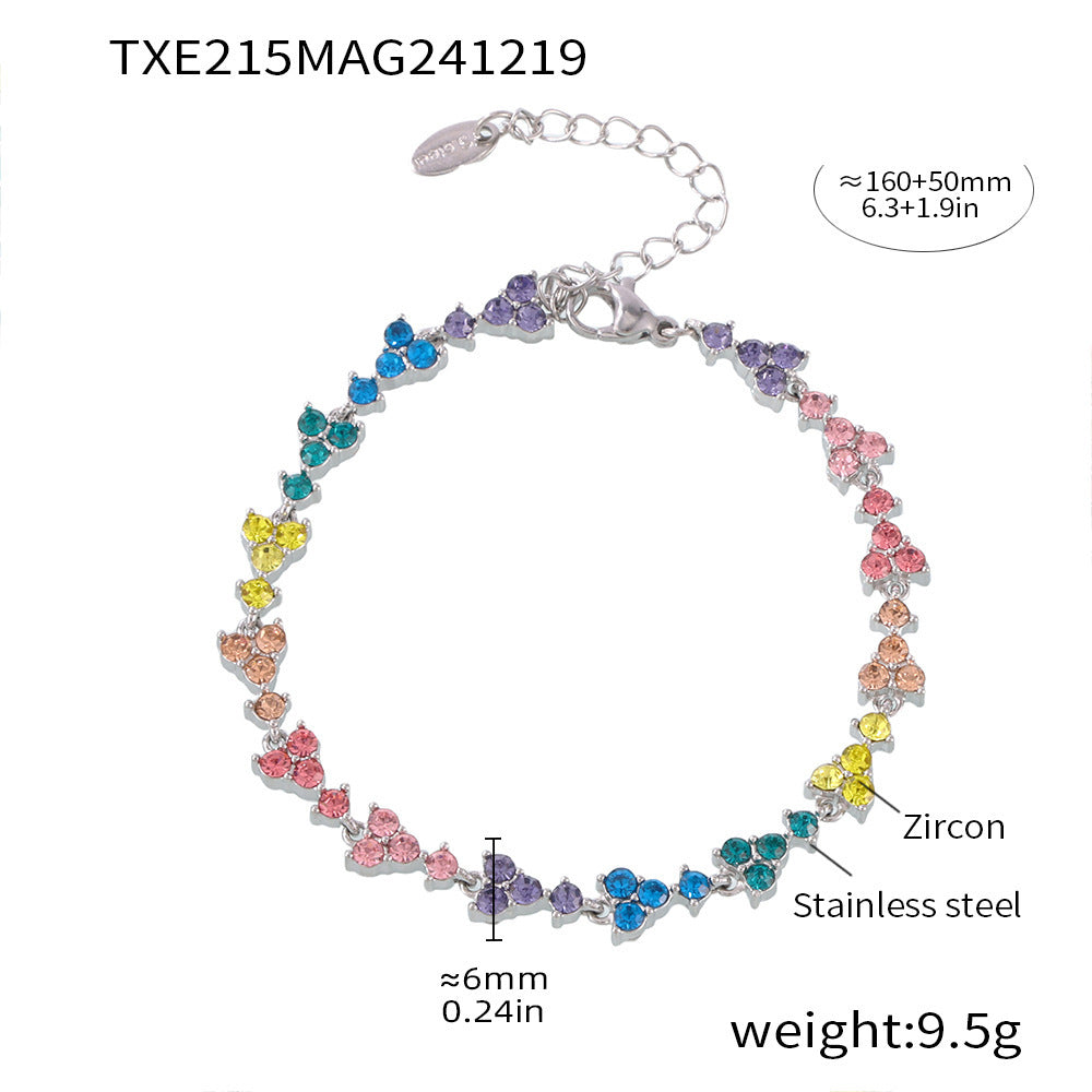 Dopamine triangle plum flower handmade chain inlaid with heavy industry luxury zircon stainless steel plated 18K real gold bracelet