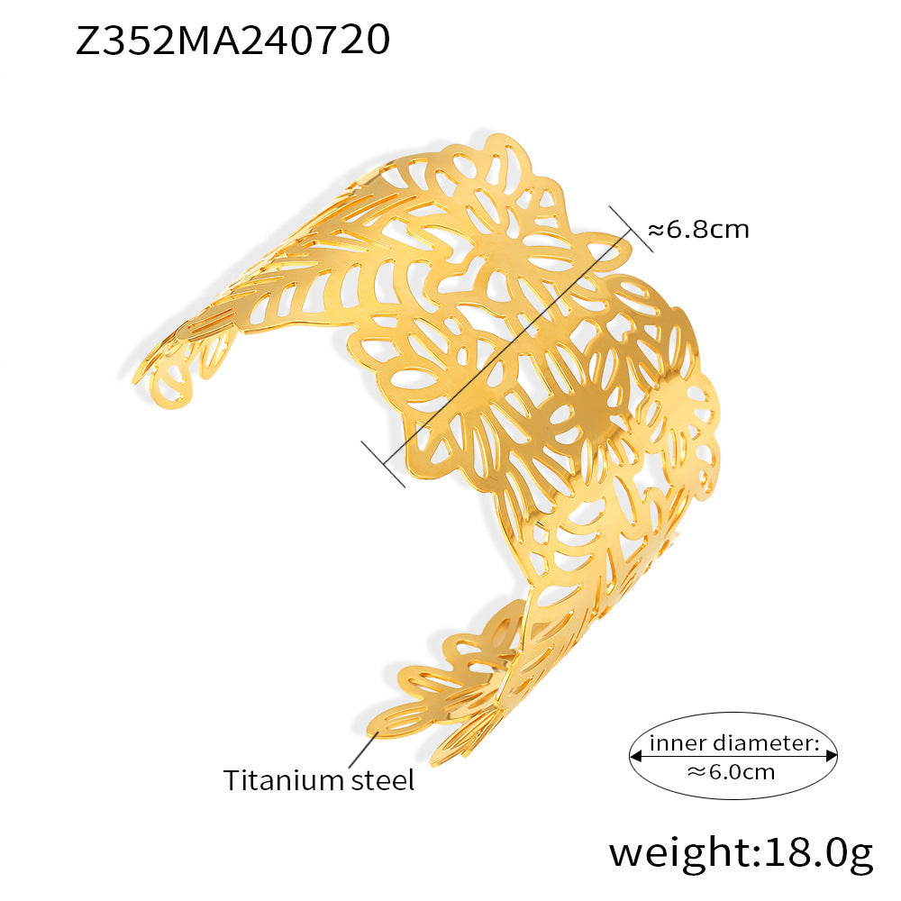 Flower leaf splicing opening bracelet titanium steel plated 18k gold personality exaggerated geometric hollow jewelry pp