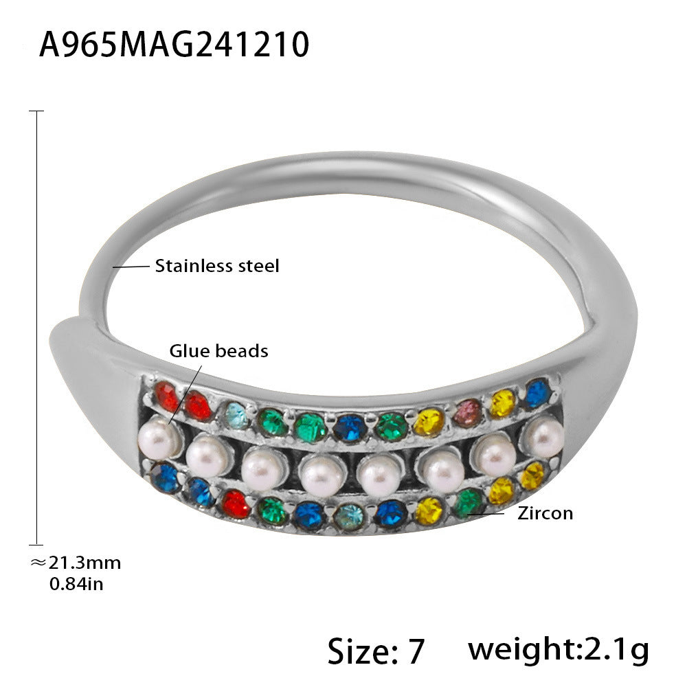 Adjustable exquisite small bead colored zircon side opening index finger ring tail ring stainless steel ring female pp