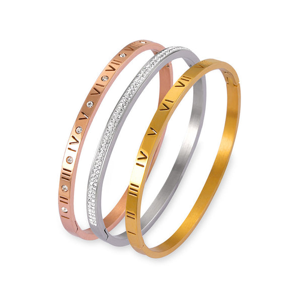 Retro niche personality unique simple jewelry engraved Roman numerals design sense diamond inlaid titanium steel gold plated bracelet