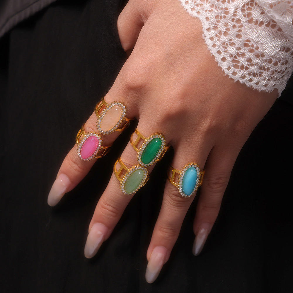 Jewelry 3A zircon inlaid natural stone open ring titanium steel plated 18K gold adjustable ring jewelry spot supply