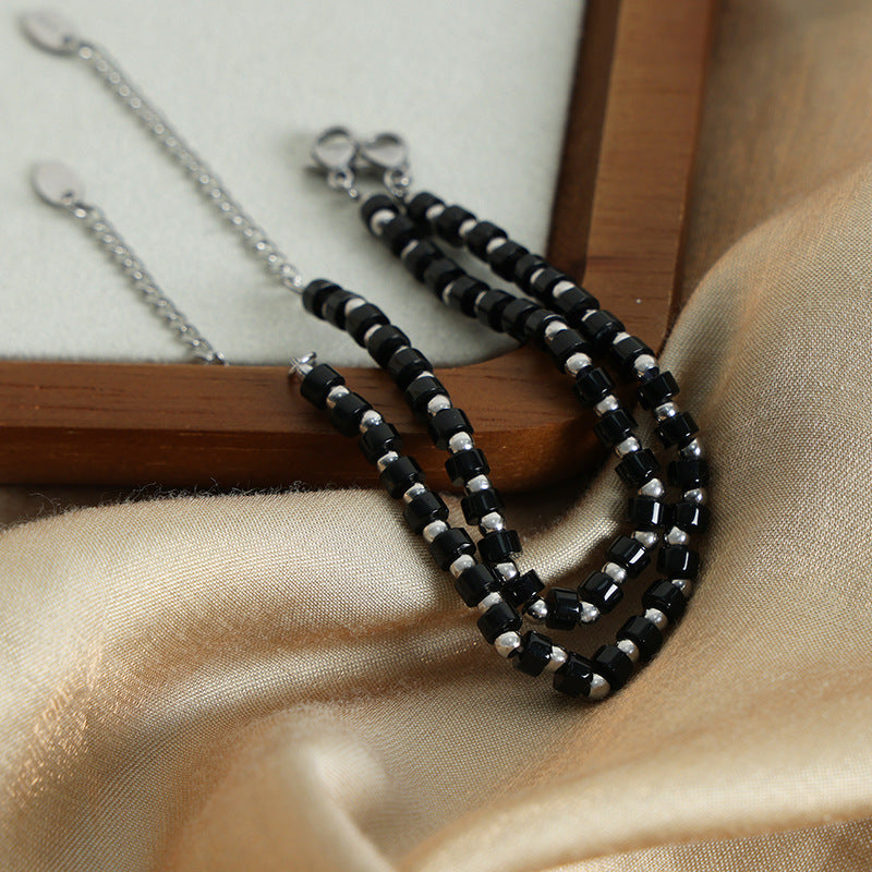 New light luxury retro high-end natural black turquoise handmade beaded stainless steel bead bracelet jewelry