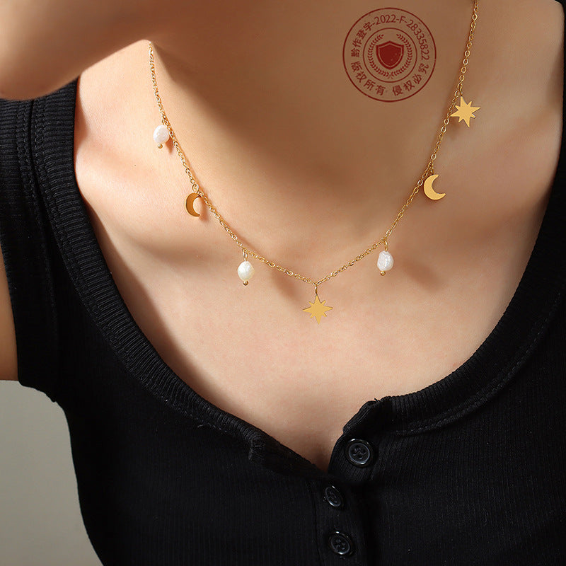 Versatile Star Moon Natural Freshwater Pearl Tassel Clavicle Necklace Women's Niche Light Luxury Design 99