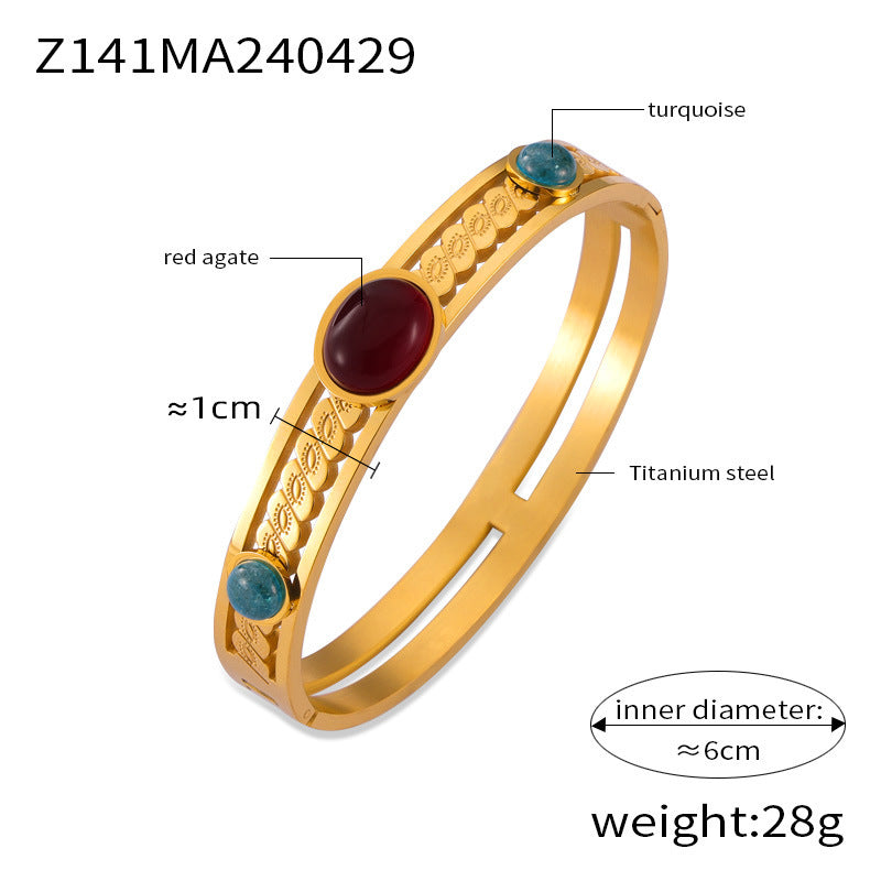 Hot-selling personality retro temperament elegant jewelry inlaid with natural stone design sense hollow titanium steel gold-plated bracelet pp