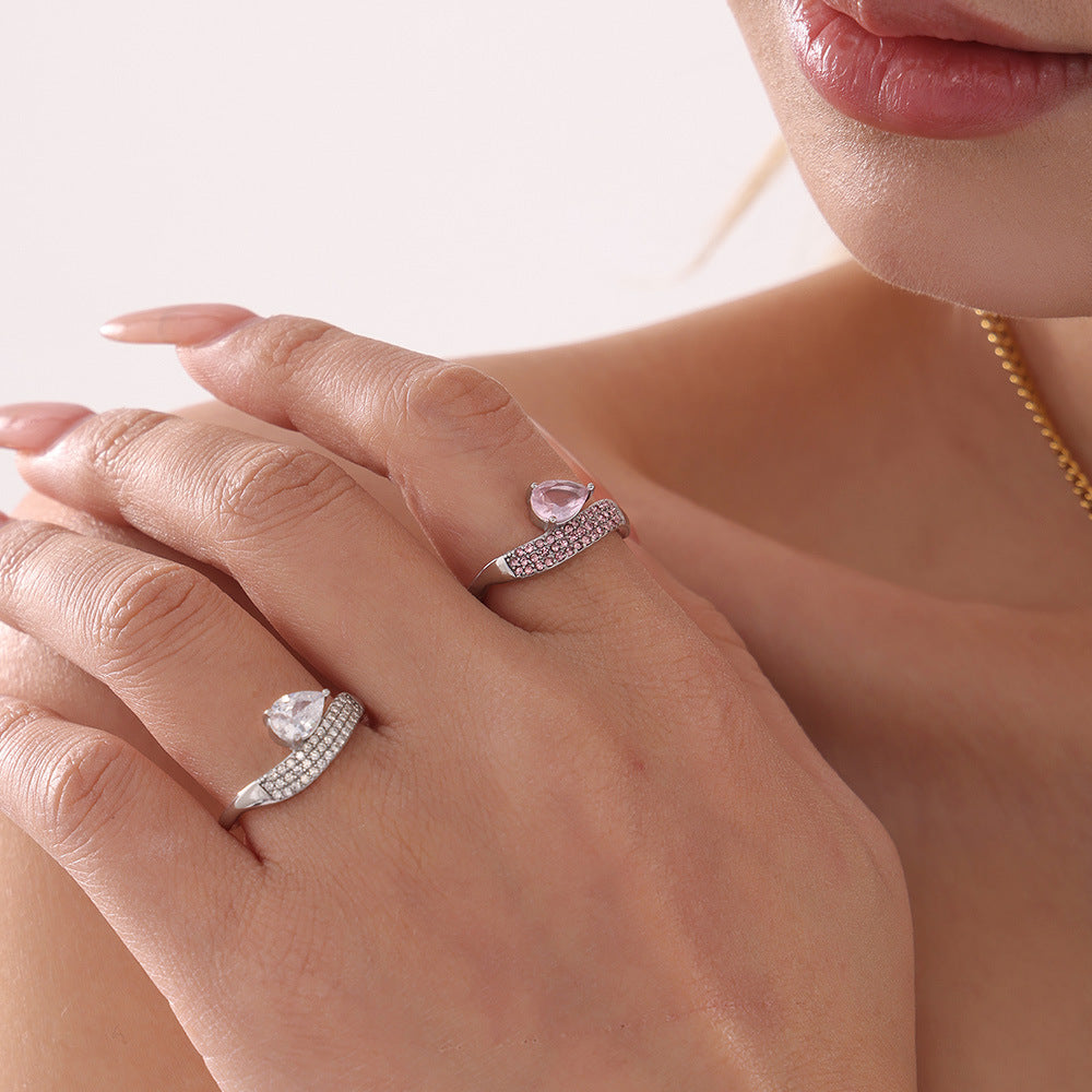 Super flash full diamond zircon water drop ring design sense niche light luxury titanium steel plated 18k gold index finger ring