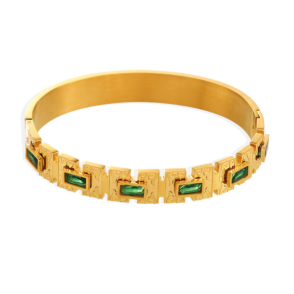 Hot-selling green square glass bracelet buckle design titanium steel plated 18K gold color-preserving cross-border bracelet