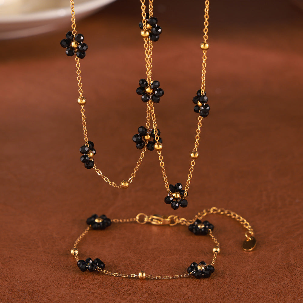 Retro niche personality simple and versatile jewelry natural stone beaded flower shape titanium steel jewelry set 99