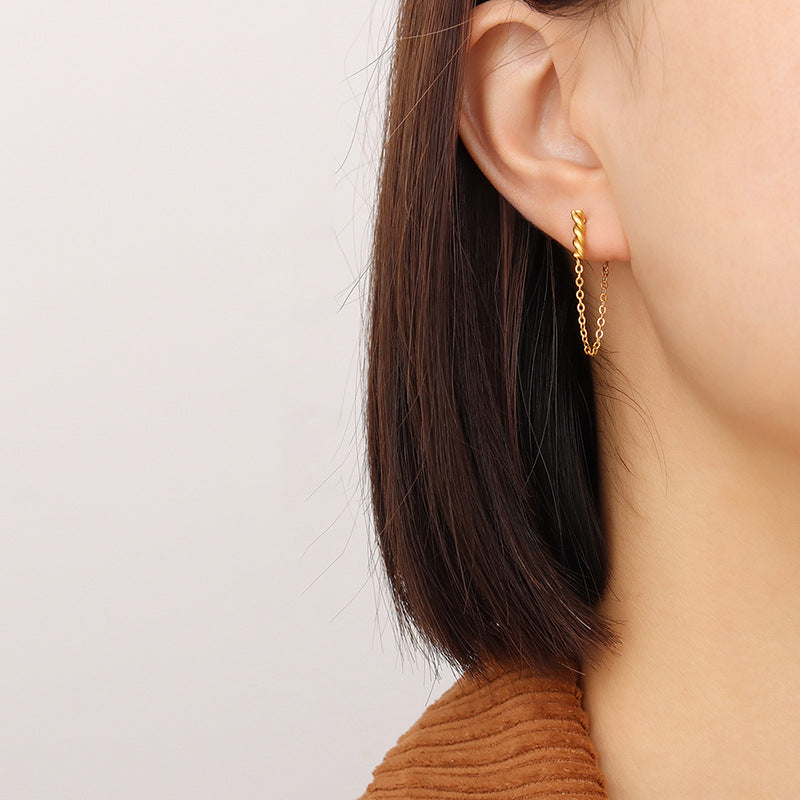 Cold wind fringed chain earrings titanium steel plated with 18K real gold, light luxury fashion irregular ear jewelry
