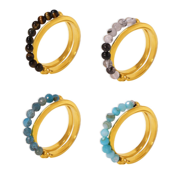 Wind natural stone beaded double-layer ring, women's stainless steel plated with 18k real gold, European and American niche with 99.
