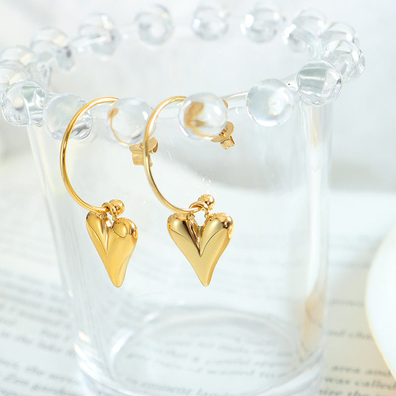 Trend fashion personality love peach heart pendant earrings titanium steel gold-plated temperament ear jewelry F329