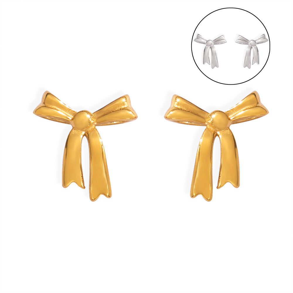 Simple, fresh and elegant, personalized design jewelry, geometric bow shape, titanium steel gold-plated versatile stud earrings