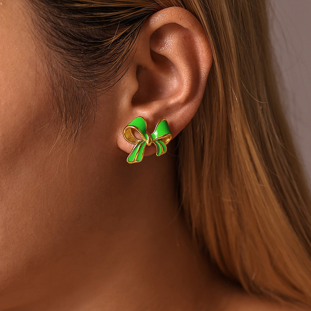 Delicate oil drip bow stud earrings light luxury oil painting texture stainless steel sweet earrings spot pp