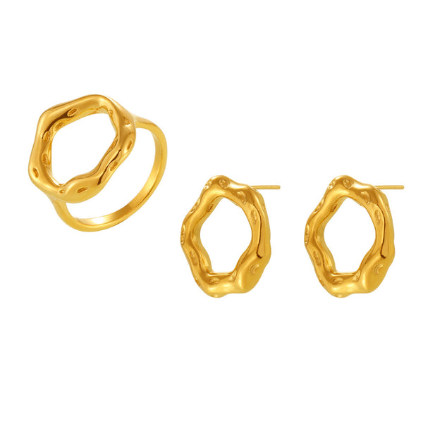 Niche ring karst ring earrings, European and American fashion simple jewelry, stainless steel plated 18K real gold set