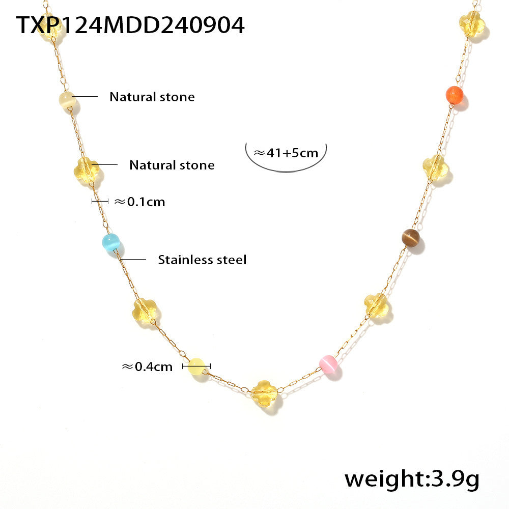 Colorful natural stone collarbone necklace bracelet, stainless steel niche dopamine handmade chain set for women