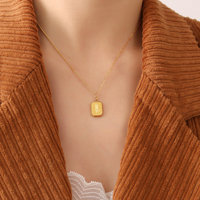 Cold wind light luxury fashion rose necklace female, simple titanium steel plated 18K real gold collarbone chain pp