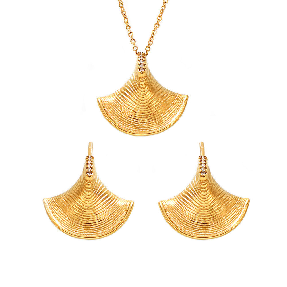 Cold wind three-dimensional fan-shaped shell zircon pendant necklace earrings light luxury temperament marine series set 99
