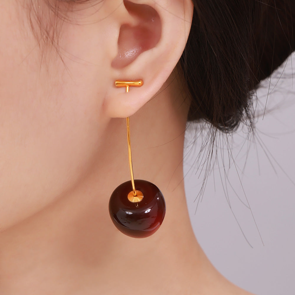 Small fresh cherry long earrings female personality Internet celebrity stainless steel resin cherries creative temperament stud earrings