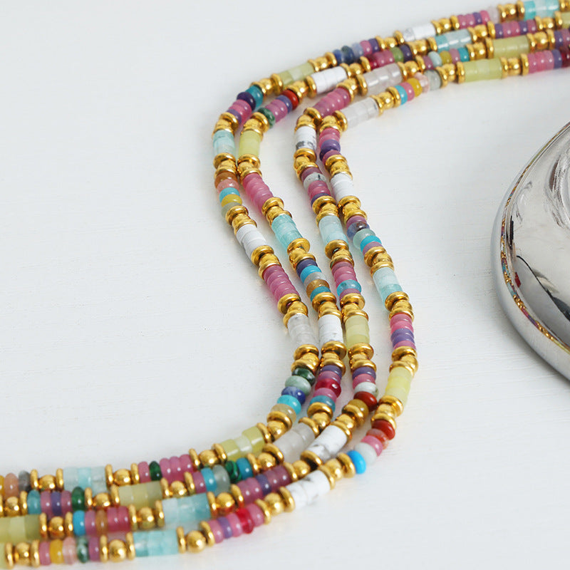 New retro ethnic style personalized niche design mixed color natural stone handmade beaded necklace jewelry pp