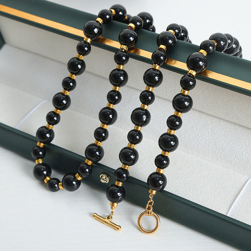 High-end light luxury niche personalized design natural black agate handmade beaded OT buckle necklace jewelry female pp