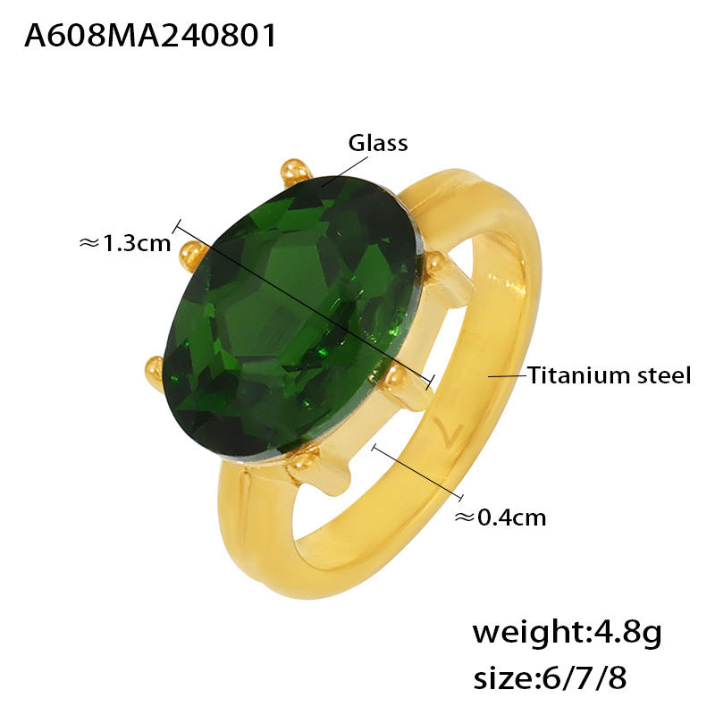 Court style oval glass stone ring luxury temperament titanium steel plated 18k real gold index finger ring jewelry