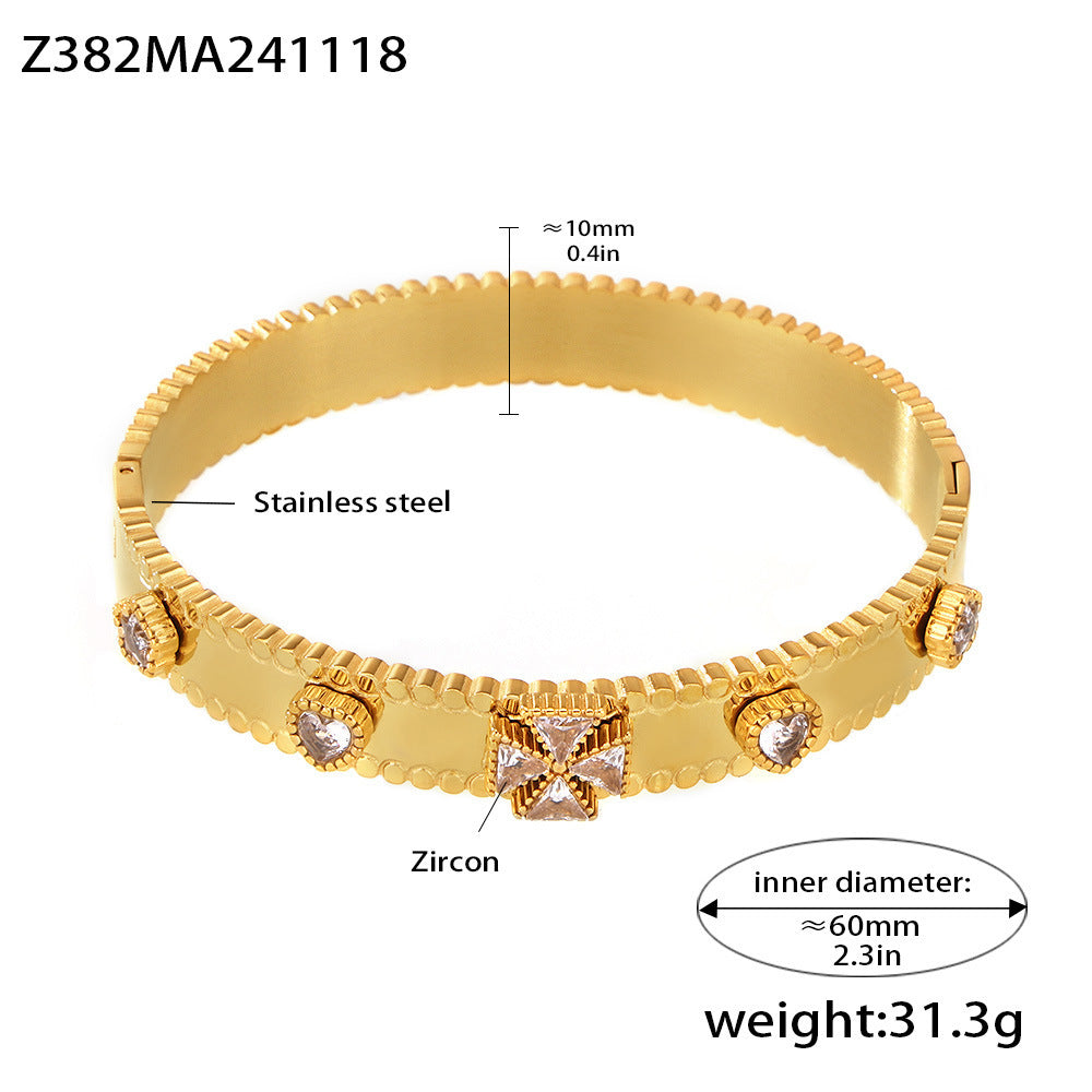 Stainless steel four-leaf flower zircon Czech glass women's buckle gear bracelet does not fade, plated with 18K gold pp