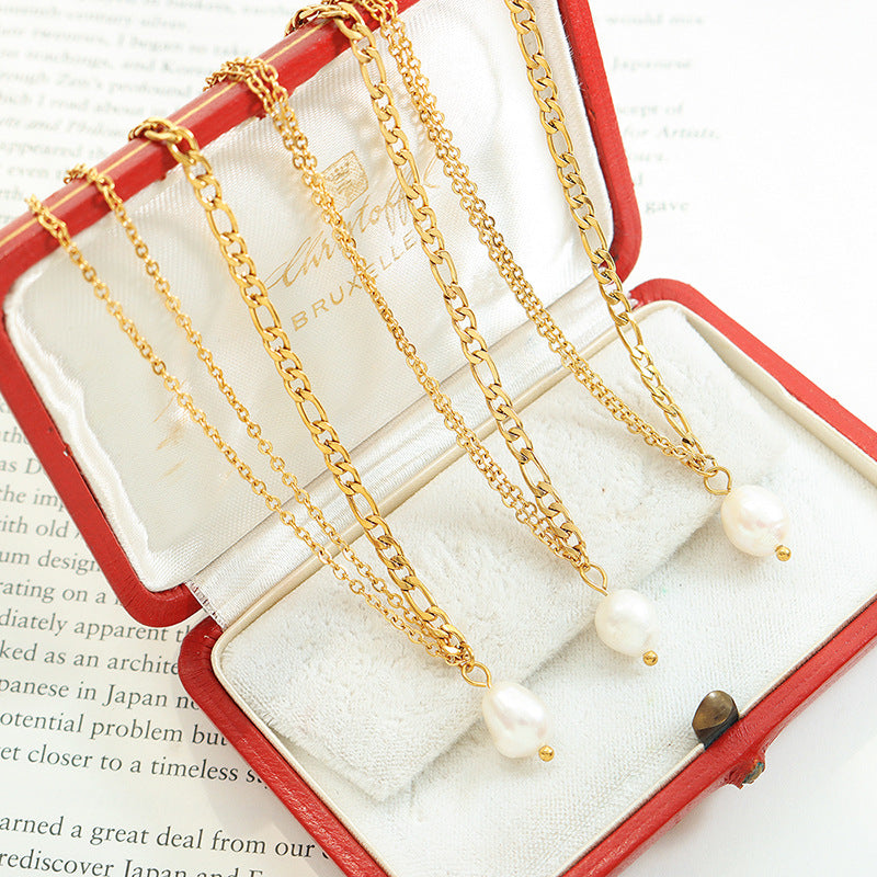 Accessories Spice Girl Double Chain Freshwater Pearl Necklace Women's Collarbone Neck Chain Titanium Steel Plated 18K Gold P832