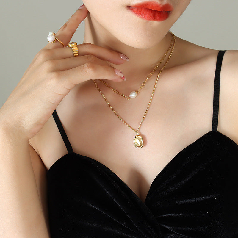Concave-convex pendant Double-layer stacked wearing freshwater pearl necklace Women's niche design gold-plated collarbone neck chain P831pp