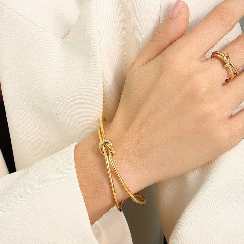Jewelry Line Double Twist Line Knotted Open Ring Titanium Steel Plated 18k Gold Bracelet Jewelry Set