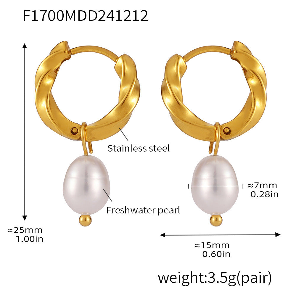 Stainless steel twist buckle natural freshwater cultured pearl stud earrings PVD electroplated 18K real gold earrings women's 99