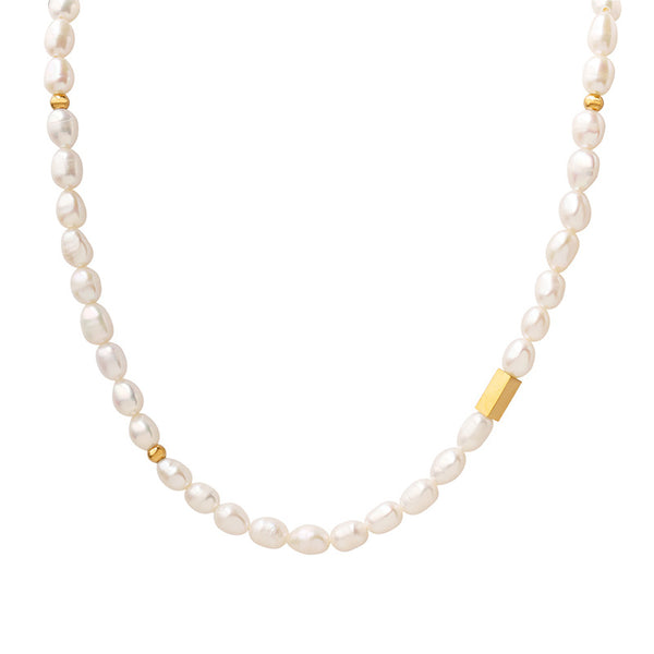 Vintage high-end medium antique freshwater pearl chain titanium steel accessories plated with 18K gold light luxury necklace jewelry women