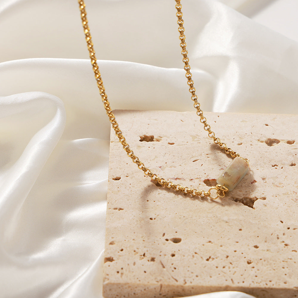 New retro personality niche titanium steel gold-plated geometric irregular natural stone pendant necklace jewelry women
