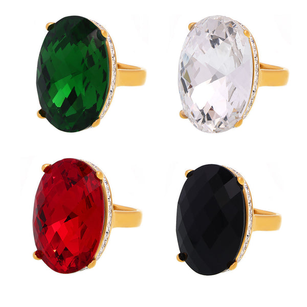 Oval sticky diamond large glass ring titanium steel plated 18K real gold ring retro light luxury hand jewelry 99