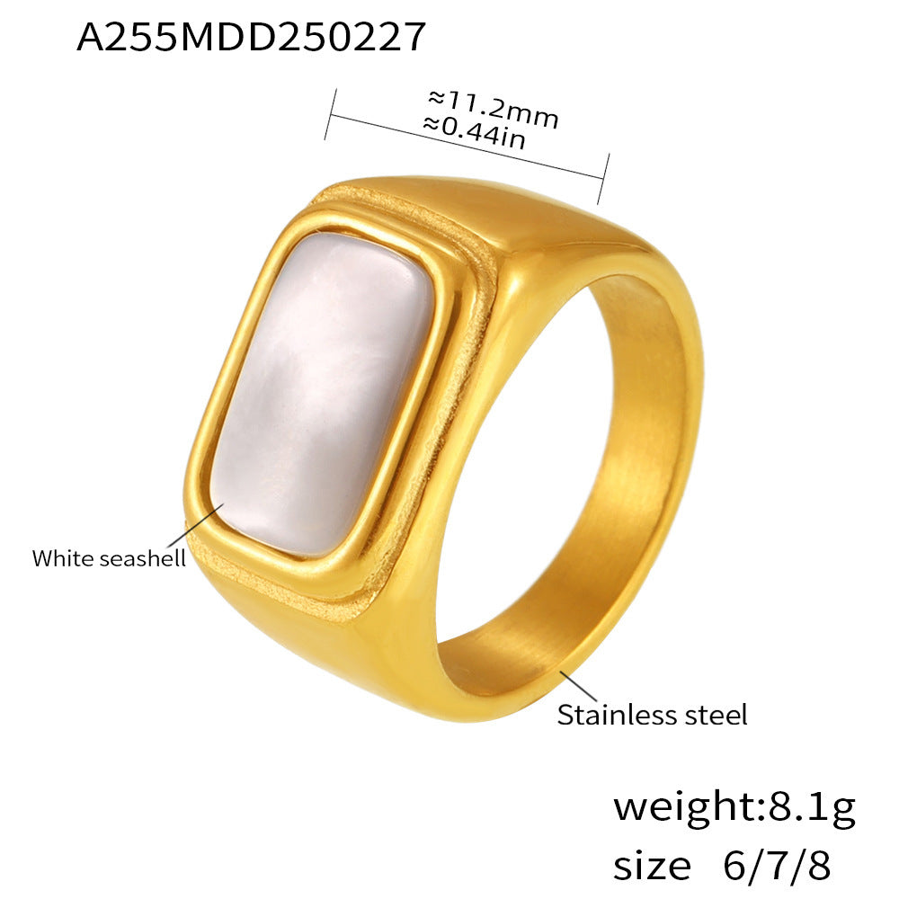 New inlaid white sea shell ring women's titanium steel plated real gold fashionable exquisite non-fading ring spot 99