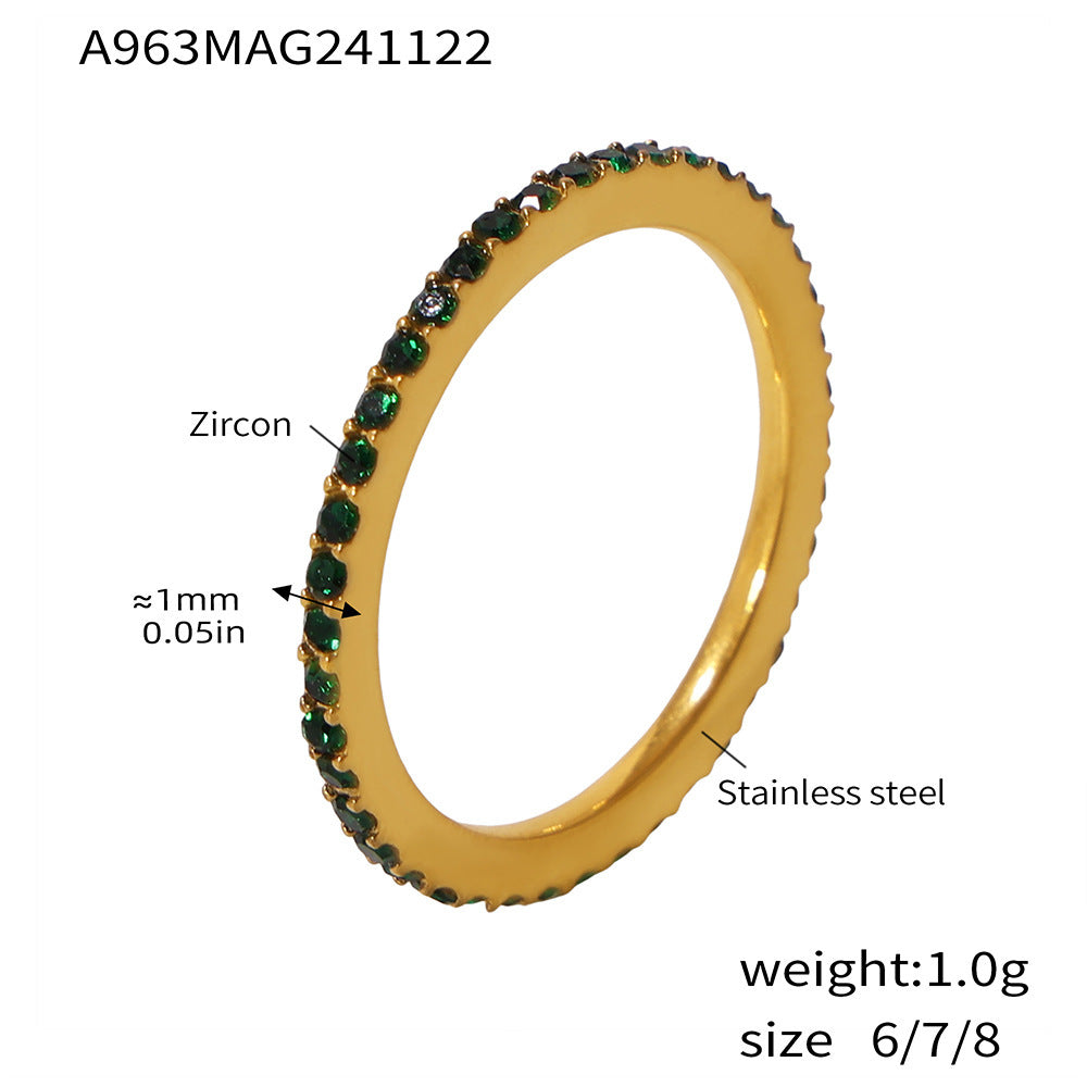 1.5mm ultra-fine full diamond zircon ring niche couple ring PVD plated 18K real gold does not fade tail ring