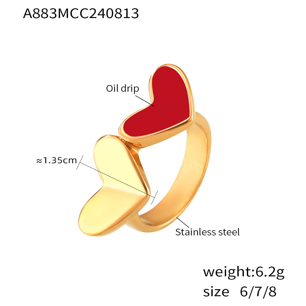 Marka heart-to-heart print color glaze index finger ring niche stainless steel plated 18K real gold ring spot