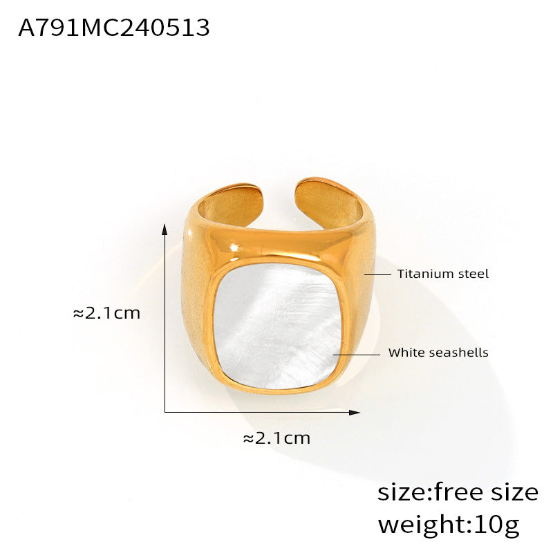 Hepburn style elegant gentle temperament wide-faced index finger ring inlaid with white fritillary design titanium steel gold-plated opening ring