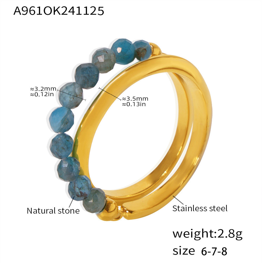 Wind natural stone beaded double-layer ring, women's stainless steel plated with 18k real gold, European and American niche with 99.