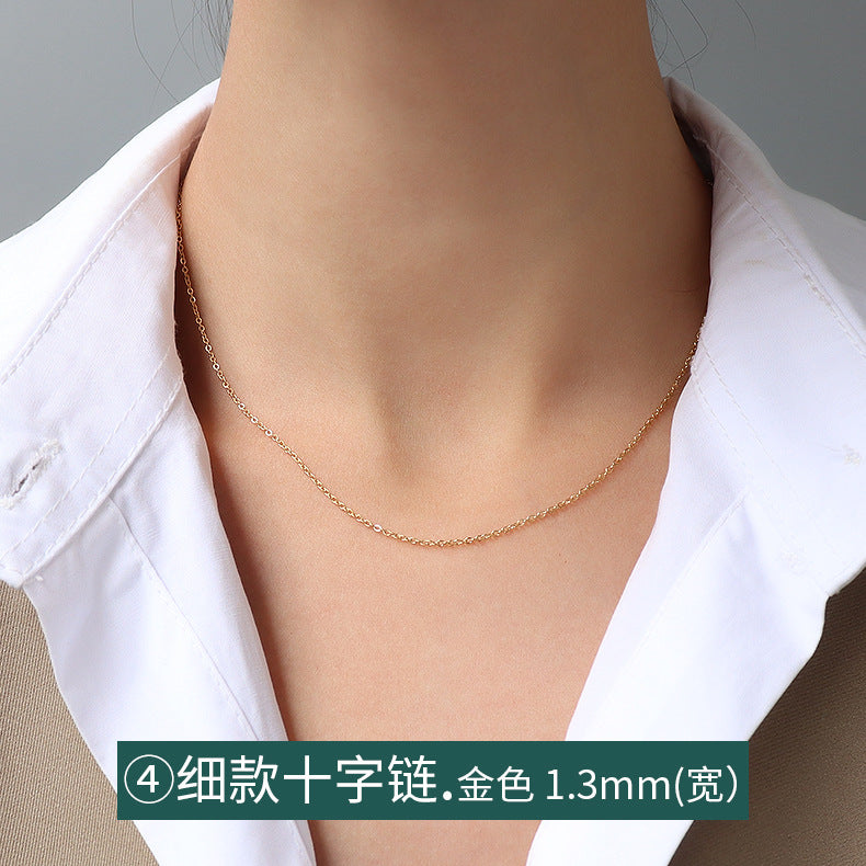Cross chain Snake bone chain Twist chain Box chain Variety necklace Women's titanium steel plated 18K gold plain chain Clavicle chain jewelry 99