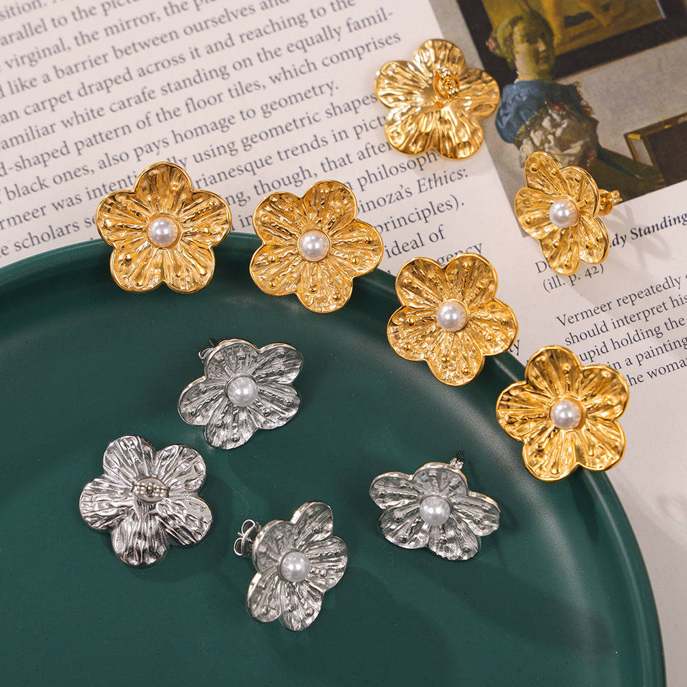 Stylish and simple personality pleated texture flower shape earrings geometric inlay bead design stud earrings