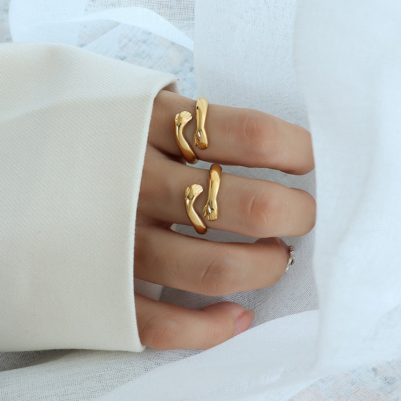 Hug you with both hands Open ring Titanium steel personalized tail ring Index finger ring A203 Unique 99