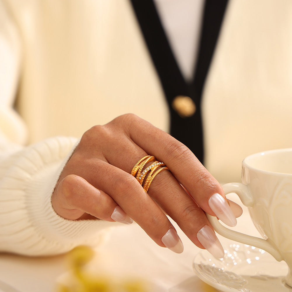 Hot Sale Multi-layer Twist Cross Diamond Set Hollow Ring Stainless Steel Plated 18K Gold Personality Ring