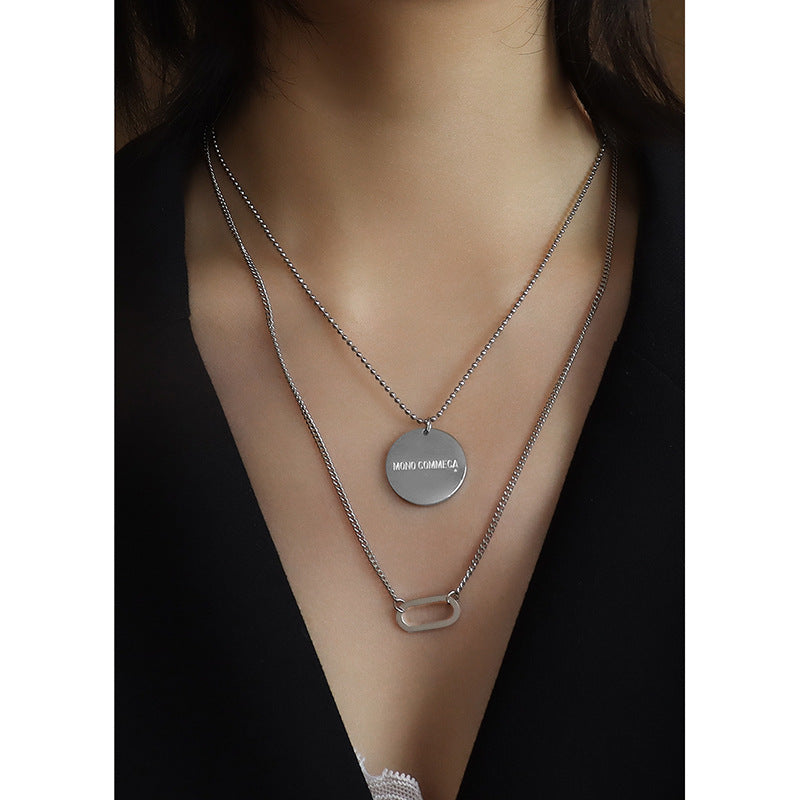 Big Round Brand Geometric Oval Clavicle Neck Chain Hip Hop Style Double Layer Stacked Titanium Steel Necklace Women's Jewelry Pendant