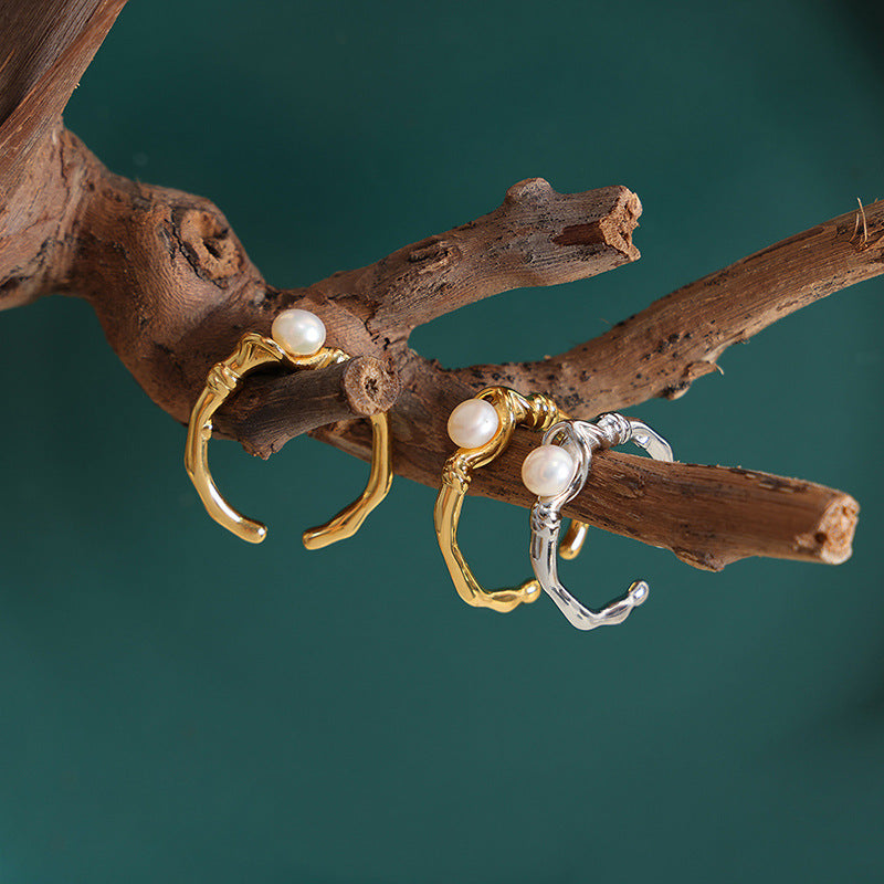 Regular metal wind inlaid natural freshwater pearl ring cold wind opening niche jewelry pp
