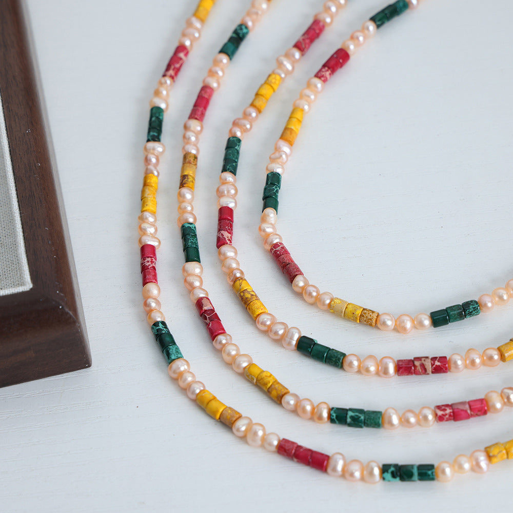 New dopamine handmade beaded freshwater pearl necklace niche light luxury high-end color jewelry women pp